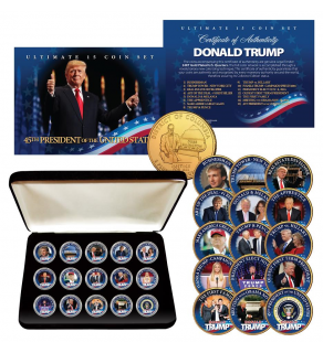 DONALD TRUMP Ultimate 15-Coin Colorized 24K Gold Plated Washington DC Quarter Set with Premium Display Box  
