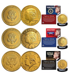 Donald Trump 45th President 24K Gold Plated Tribute Coins Set of 3 Different 2017,2020,2021-25