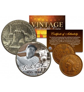 BABE RUTH 1948 Franklin Half Dollar & 1895 Indian Head Penny 2-Coin Set LIFETIME 1895-1948 - Officially Licensed