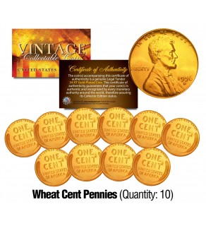 Lot of 10 1950's/40's Lincoln WHEAT Pennies US Coins 24K GOLD PLATED Lincoln Cent Penny