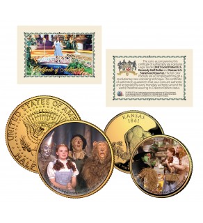 WIZARD OF OZ - Cast - Kansas Quarter & JFK Half Dollar US 2-Coin Set 24K Gold Plated - Officially Licensed