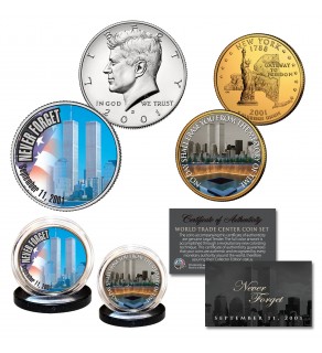 WORLD TRADE CENTER 9/11 Colorized 2001 2-Coin Set U.S. JFK Half Dollar & 24K Gold Plated State Quarter - NEVER FORGET WTC
