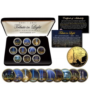 WORLD TRADE CENTER 9/11 - Tribute in Light - 10th Anniversary - New York Quarters 10-Coin Set 24K Gold Plated