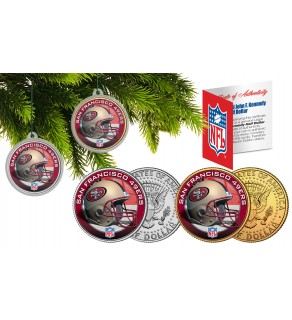 SAN FRANCISCO 49ERS Colorized JFK Half Dollar US 2-Coin Set NFL Christmas Tree Ornaments - Officially Licensed