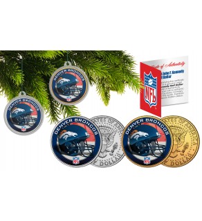 DENVER BRONCOS Colorized JFK Half Dollar US 2-Coin Set NFL Christmas Tree Ornaments - Officially Licensed
