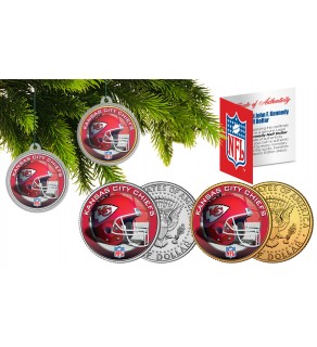 KANSAS CITY CHIEFS Colorized JFK Half Dollar US 2-Coin Set NFL Christmas Tree Ornaments - Officially Licensed