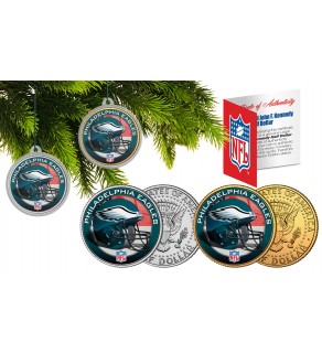PHILADELPHIA EAGLES Colorized JFK Half Dollar US 2-Coin Set NFL Christmas Tree Ornaments - Officially Licensed