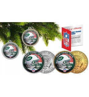 NEW YORK JETS Colorized JFK Half Dollar US 2-Coin Set NFL Christmas Tree Ornaments - Officially Licensed