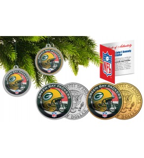 GREEN BAY PACKERS Colorized JFK Half Dollar US 2-Coin Set NFL Christmas Tree Ornaments - Officially Licensed