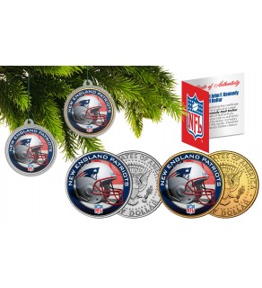 NEW ENGLAND PATRIOTS Colorized JFK Half Dollar US 2-Coin Set NFL Christmas Tree Ornaments - Officially Licensed