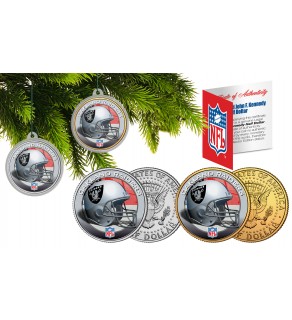 OAKLAND RAIDERS Colorized JFK Half Dollar US 2-Coin Set NFL Christmas Tree Ornaments - Officially Licensed