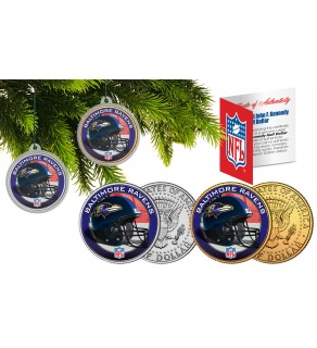 BALTIMORE RAVENS Colorized JFK Half Dollar US 2-Coin Set NFL Christmas Tree Ornaments - Officially Licensed