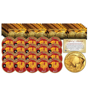 2017 Chinese New Year * YEAR OF THE ROOSTER * 24 Karat Gold Plated $50 American Gold Buffalo Indian Tribute Coin (LOT OF 20)