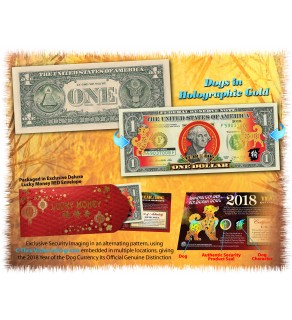 2018 Chinese New Year - YEAR OF THE DOG - Gold Hologram Legal Tender U.S. $1 BILL - $1 Lucky Money with Red Envelope