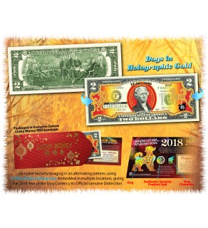 2018 Chinese New Year - YEAR OF THE DOG - Gold Hologram Legal Tender U.S. $2 BILL - $2 Lucky Money with Red Envelope