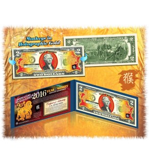2016 Chinese New Year - YEAR OF THE MONKEY - Gold Hologram Legal Tender U.S. $2 BILL - $2 Lucky Money - With Blue Folio