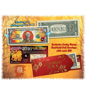 2016 Chinese New Year - YEAR OF THE MONKEY - Gold Hologram Legal Tender U.S. $1 BILL - $1 Lucky Money