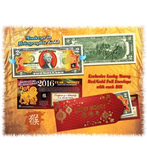 2016 Chinese New Year - YEAR OF THE MONKEY - Gold Hologram Legal Tender U.S. $2 BILL - $2 Lucky Money
