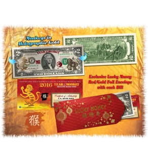 24KT GOLD 2016 Chinese New Year - YEAR OF THE MONKEY - Legal Tender U.S. $2 BILL - $2 Lucky Money