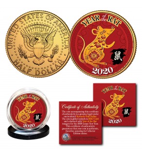 2020 Chinese New Year * YEAR OF THE RAT * 24K Gold Plated JFK Kennedy Half Dollar U.S. Coin