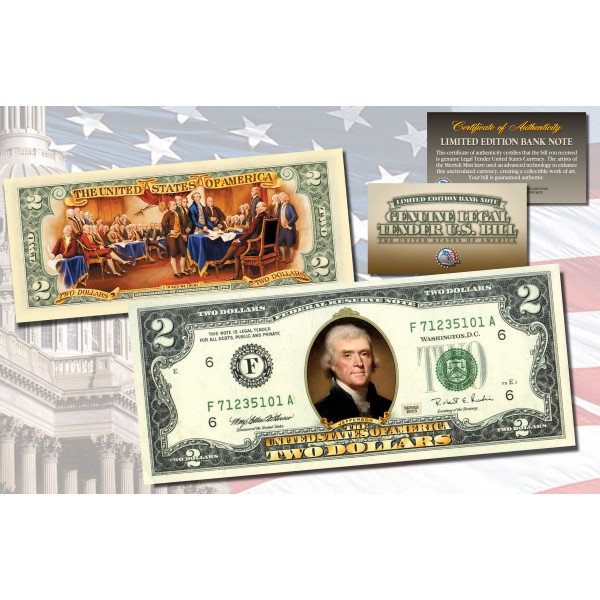 Offical Genuine Legal Tender $2 U.S 2-Sided Bill July 4th Independence Day 