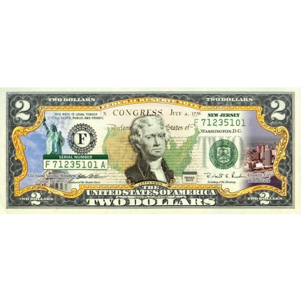 NEW JERSEY State/Park COLORIZED Legal Tender U.S $2 Bill w/Security Features 