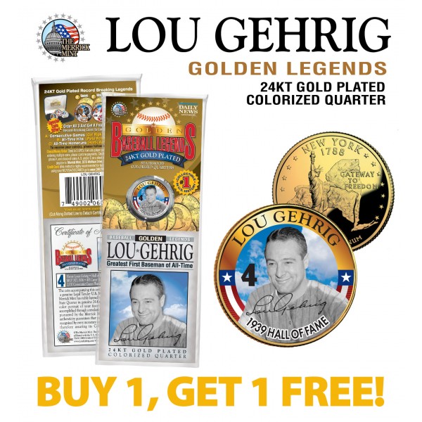 LOU GEHRIG *Hall of Fame* Legends Colorized New York Quarter US Gold Plated Coin 