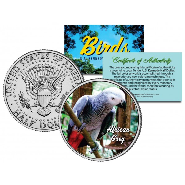 AFRICAN GREY BIRD JFK Kennedy Half Dollar US Colorized Coin 