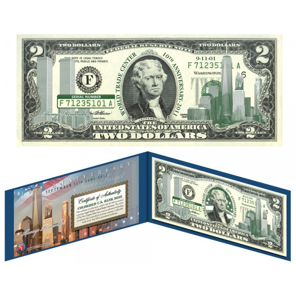 USA $2 Dollar Bill World Trade Center  9 11 10th Anniversary GOLD HOLOGRAM 