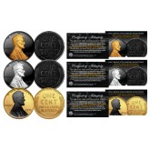 1943 Genuine Steel Wartime Wheat Penny U.S. Coin SET of 3 Rare Metal Versions (Black Ruthenium, Silver, 24K Gold) 
