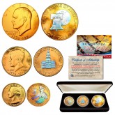 1976 Bicentennial Genuine 24K Gold Plated & Prism Hologram U.S. Coin Set JFK Half Dollar / IKE Dollar / Quarter Dollar 3-Coin Collection with Display Box