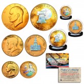 1976 Bicentennial Genuine 24K Gold Plated & Prism Hologram U.S. Coin Set JFK Half Dollar / IKE Dollar / Quarter Dollar 3-Coin Collection 