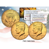 24K GOLD PLATED 2016 JFK Kennedy Half Dollar U.S. 2-Coin Set - Both P & D MINT - with Capsules and COA