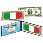 ITALY - Official Flags of the World Genuine Legal Tender U.S. $2 Two-Dollar Bill Currency Bank Note