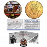 SECRETARIAT Triple Crown 50th Anniversary Official Genuine 24K Gold Plated JFK Kennedy Half Dollar U.S. Coin with "The Famous Photo" Panoramic Display Certificate of Authenticity